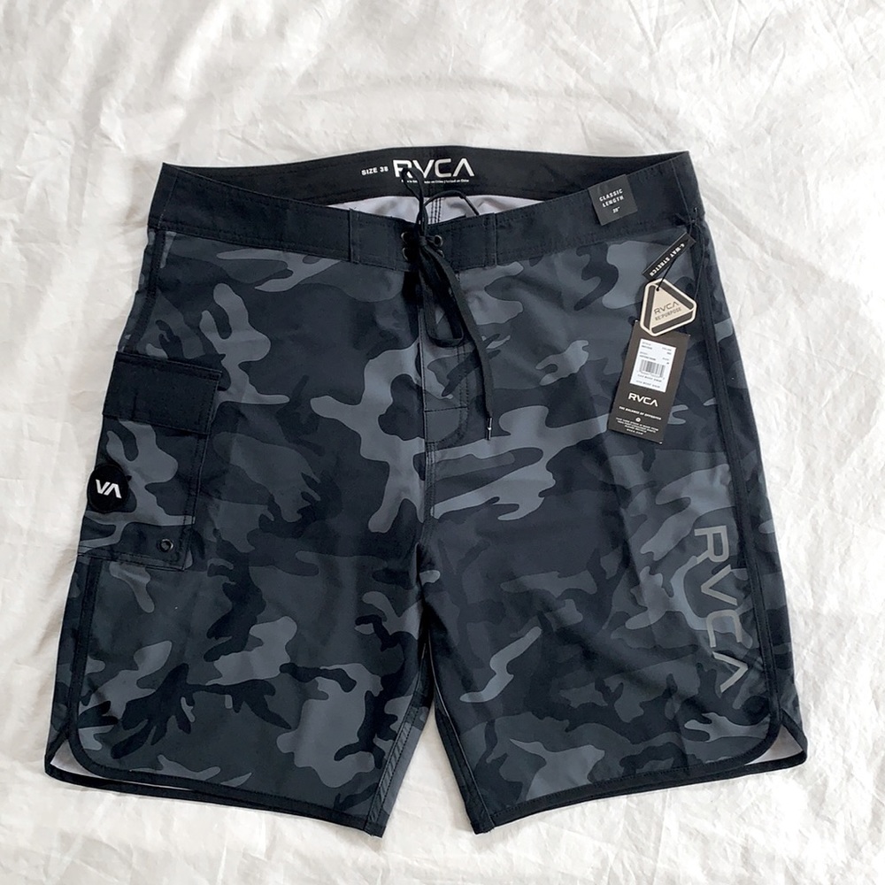 RVCA, NWT, eastern board short, size 38, classic length 20”, color black camo.